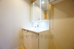 三面鏡つき洗面台。鏡裏にたっぷりとした収納スペースがあります。鏡を閉めてしまえば小物は見えないため、スッキリとした印象の洗面台にできます。