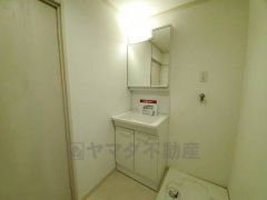 シャワーホース付のシャンプードレッサー。鏡付きで毎朝の支度もはかどります。歯みがきセットや化粧品もきれいに整頓できますよ。