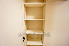 便利な洗面室収納。散らかりがちなバスタオルや清掃用品、化粧品や予備のシャンプー等もきれいに整頓できますね。