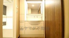 三面鏡つき洗面台。鏡裏にたっぷりとした収納スペースがあります。鏡を閉めてしまえば小物は見えないため、スッキリとした印象の洗面台にできます。