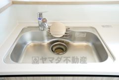 広々としたステンレスシンクには、洗剤やスポンジを収納出来るラック付き。広さも確保しているので、大きなお鍋も洗いやすいです。