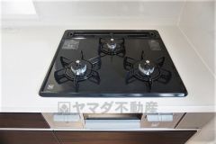 同仕様写真。同時にたくさんの料理が調理できる3口コンロ。長時間熱を通しておきたい煮込み料理を作りながら、炒め物など同時進行で進められます。