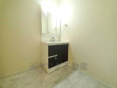 三面鏡つき洗面台。鏡裏にたっぷりとした収納スペースがあります。鏡を閉めてしまえば小物は見えないため、スッキリとした印象の洗面台にできます。