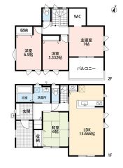 約15帖の広さを確保したＬＤＫは、和室と一体化して利用すると約21帖の大空間。2階は洋室が3部屋あるので、お子様が大きくなっても安心ですね＾＾