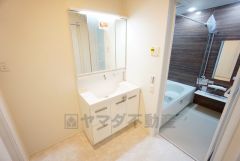 三面鏡つき洗面台。鏡裏にたっぷりとした収納スペースがあります。鏡を閉めてしまえば小物は見えないため、スッキリとした印象の洗面台にできます。