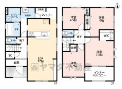 4ＬＤＫとウォークインクローゼットでゆとりのある暮らしが実現。リビングは17帖以上の開放感あふれる空間です。2階は洋室が4部屋あるので、お子様が大きくなっても安心ですね＾＾