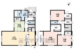 4ＬＤＫとウォークインクローゼットでゆとりのある暮らしが実現。リビングは19.5帖以上の開放感あふれる空間です。2階は洋室が3部屋あるので、お子様が大きくなっても安心ですね＾＾