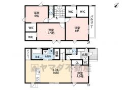 リビングイン階段でご家族が自然に顔を合わせられる間取り。家具の配置がしやすい縦型リビングは16帖。2階は全室6帖以上と広々＾＾