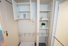 便利な洗面室収納。散らかりがちなバスタオルや清掃用品、化粧品や予備のシャンプー等もきれいに整頓できますね。