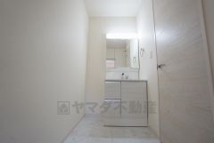 同仕様写真。三面鏡つき洗面台。鏡裏にたっぷりとした収納スペースがあります。鏡を閉めてしまえば小物は見えないため、スッキリとした印象の洗面台にできます。