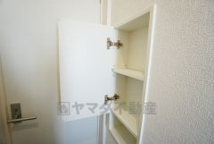 トイレには扉付きのニッチ収納を確保。