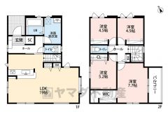 4ＬＤＫとウォークインクローゼットでゆとりのある暮らしが実現。リビングは19帖以上の開放感あふれる空間です。2階は洋室が4部屋あるので、お子様が大きくなっても安心ですね＾＾