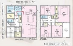会話が弾む対面式キッチン＾＾各部屋に収納スペース完備＾＾水回り、キッチン間をスムーズに移動可能＾＾雨天でも洗濯物を干せる帖インナーバルコニー＾＾