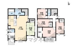 5ＬＤＫとウォークインクローゼットでゆとりのある暮らしが実現。リビングは17帖以上の開放感あふれる空間です。2階は洋室が4部屋あるので、お子様が大きくなっても安心ですね＾＾