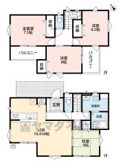 約16帖の広さを確保したＬＤＫは、和室と一体化して利用すると約22帖の大空間。2階は洋室が3部屋あるので、お子様が大きくなっても安心ですね＾＾