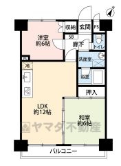 現況の間取りです。各居室に収納スペースを確保した2LDK。南向きのバルコニーで陽当たり良好＾＾