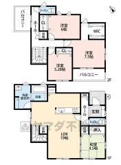 4ＬＤＫとウォークインクローゼットでゆとりのある暮らしが実現。リビングは19帖以上の開放感あふれる空間です。