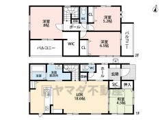 4ＬＤＫとウォークインクローゼットでゆとりのある暮らしが実現。リビングは18帖以上の開放感あふれる空間です。2階は洋室が3部屋あるので、お子様が大きくなっても安心ですね＾＾