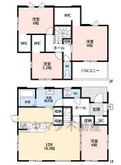収納力に優れた間取り。2階洋室は全室WIC付き。全居室2面採光の風の通る心地よい家。