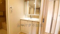 三面鏡つき洗面台。鏡裏にたっぷりとした収納スペースがあります。鏡を閉めてしまえば小物は見えないため、スッキリとした印象の洗面台にできます。